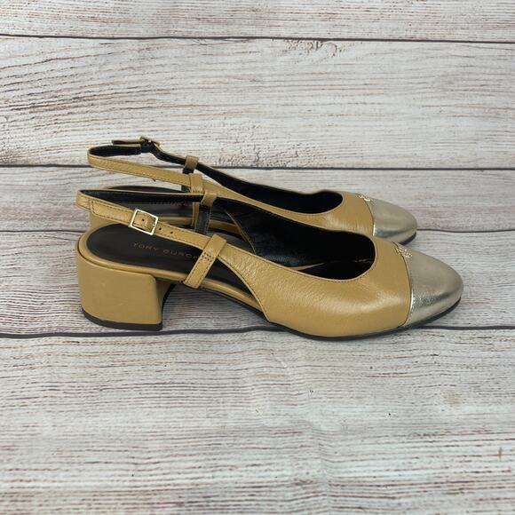 Tory Burch Cap-Toe Womens Sz 7M Slingback Heels Ginger Shortbread Spark Gold - Picture 4 of 9